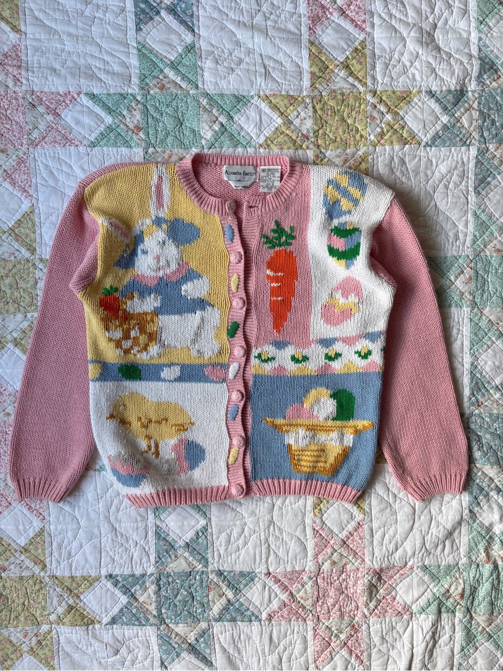 Rare Vintage 90s Alexandra Bartlett Spring Cardigan Sweater Small Pink Rabbit